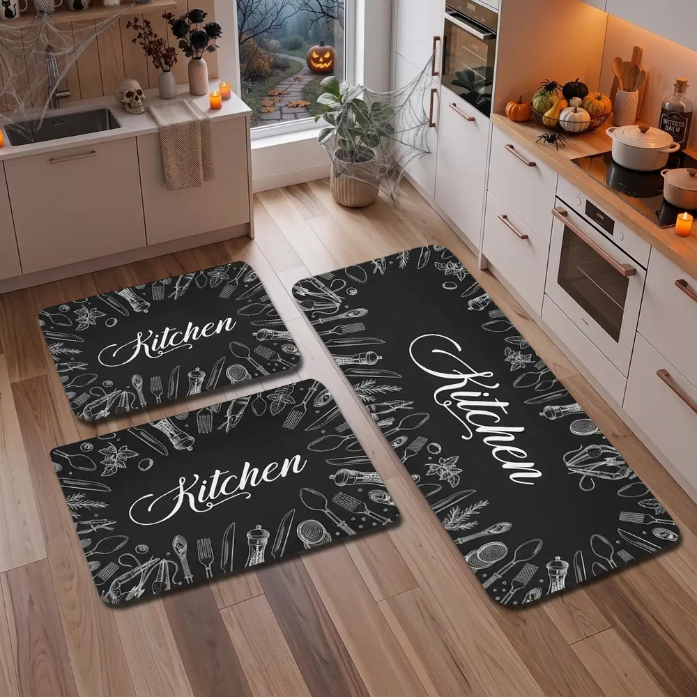 1/2/3-Piece Kitchen Rug and Mat Set — Black Farmhouse-Style Runner, Non-Slip & Washable, Vintage Kitchenware Pattern; Suitable for In Front of the Sink, Laundry Room, and Entryway