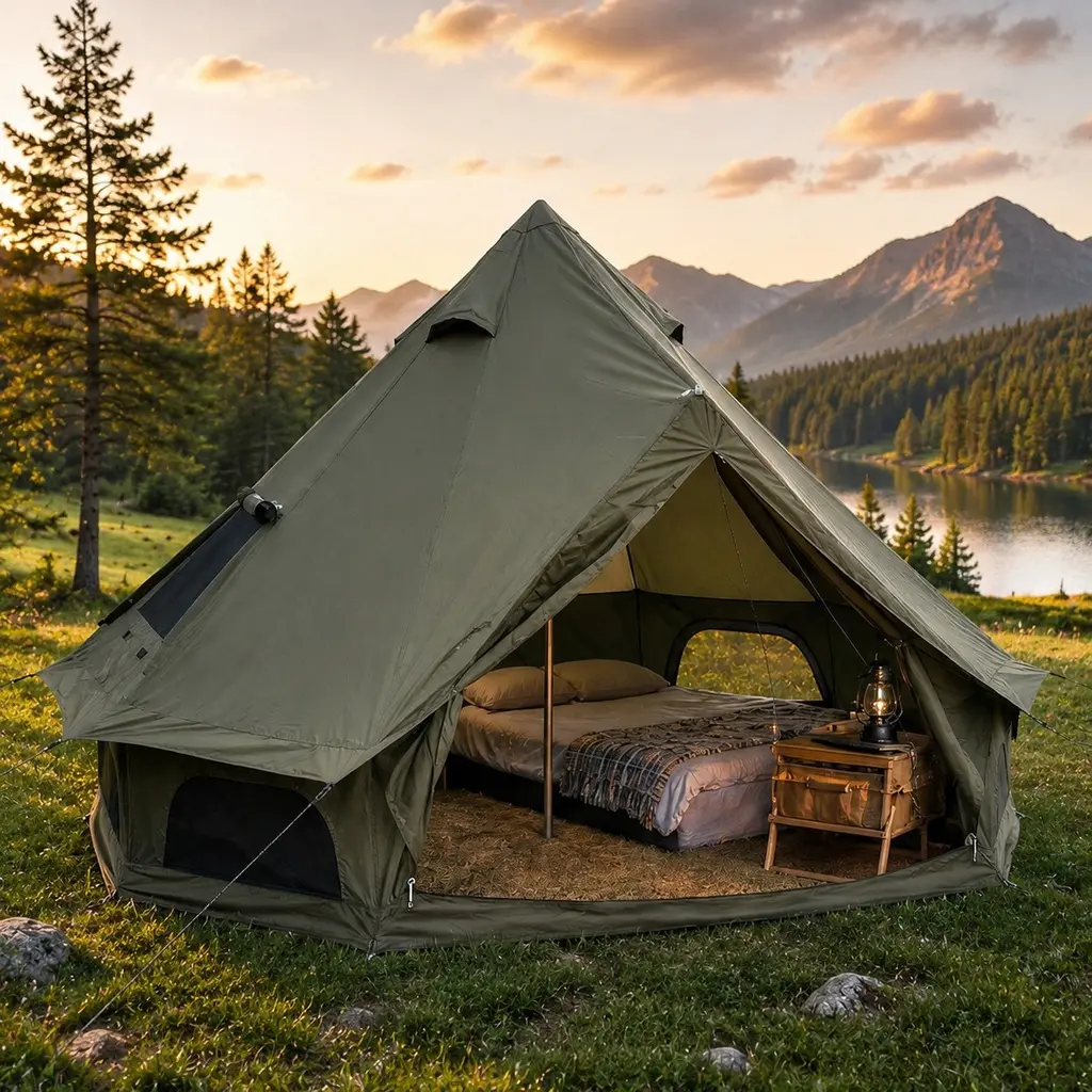 13.1ft Green Bell Tent, 8-Person Tents for Camping, 4-Season Water-Resistant Oxford Fabric Family Shelter with Built-in Stove Jack for Glamping