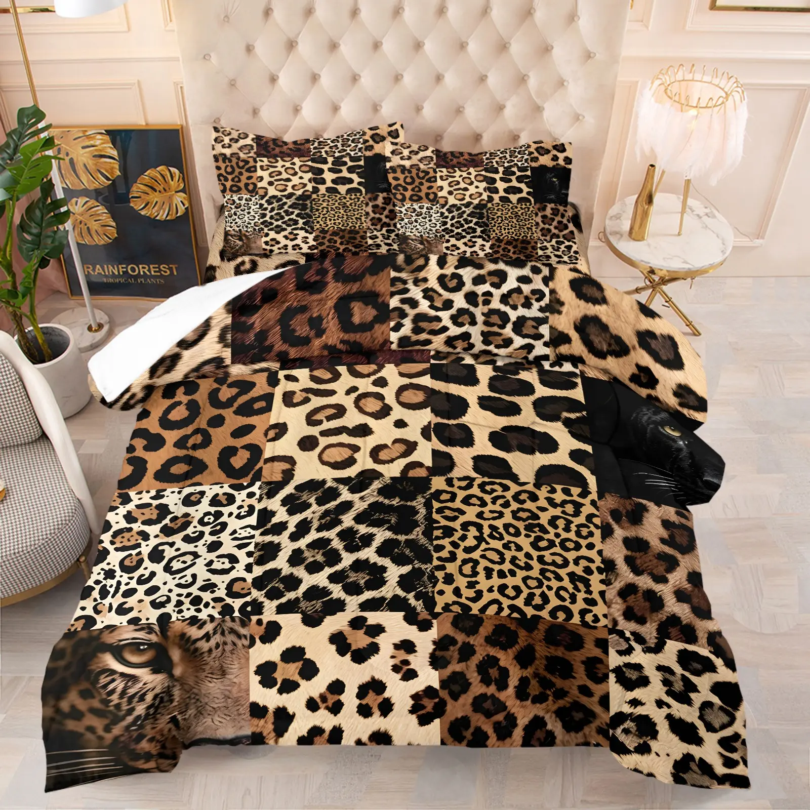 Vintage Spliced Multi-Tone Leopard Texture Comforter Set, Duvet Set, 1-2 Coreless Pillowcases, Soft Polyester With Wild Animal Prints, Comfortable And Breathable For All Seasons, Gift For Dark Punk And Gothic Subculture Bedroom Decor