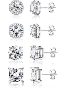 Stud Earrings for Women Men - Earrings for Sensitive Ears - 6/8/10mm Cubic Zirconia Earrings Studs-18K Gold Plated Simulated Diamond CZ Halo Earrings 2/4Pairs