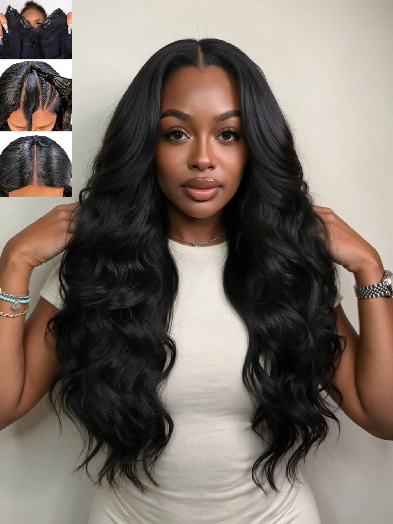 U Part Body Wave Synthetic Half Long Wavy Wigs for Women, 26 Inch Glueless Wig, Heat-Resistant, Clip In, Natural, Daily Party Use