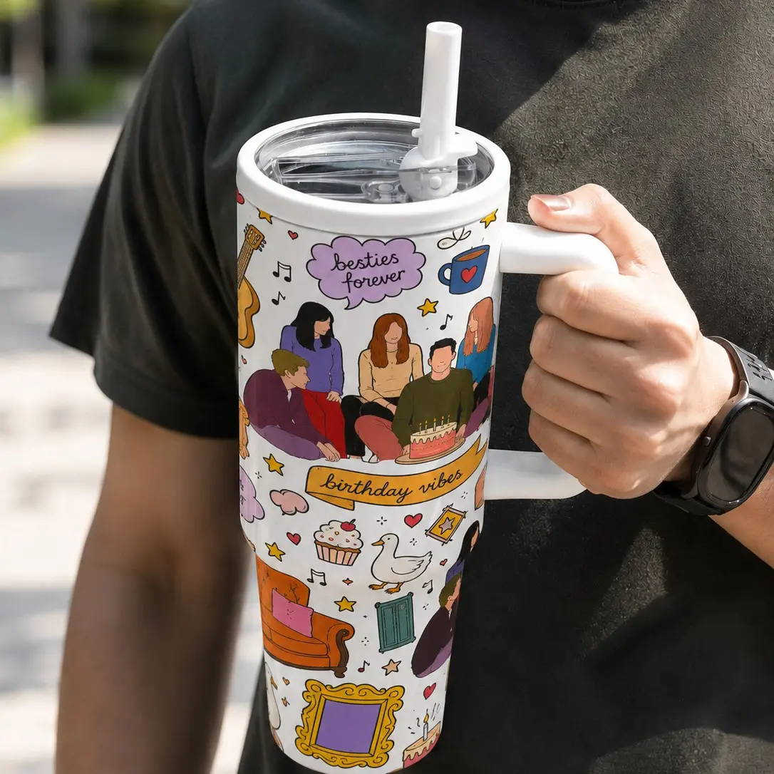 1pc Friends Central Perk 40oz Tumbler With Handle Lid Straw, Classic Sitcom Character Iconic Quotes & Scenes Collage Insulated Stainless Steel Travel Cup, Leakproof Coffee Mug Gift For TV Series Fans Car Office Daily Use Drinkware