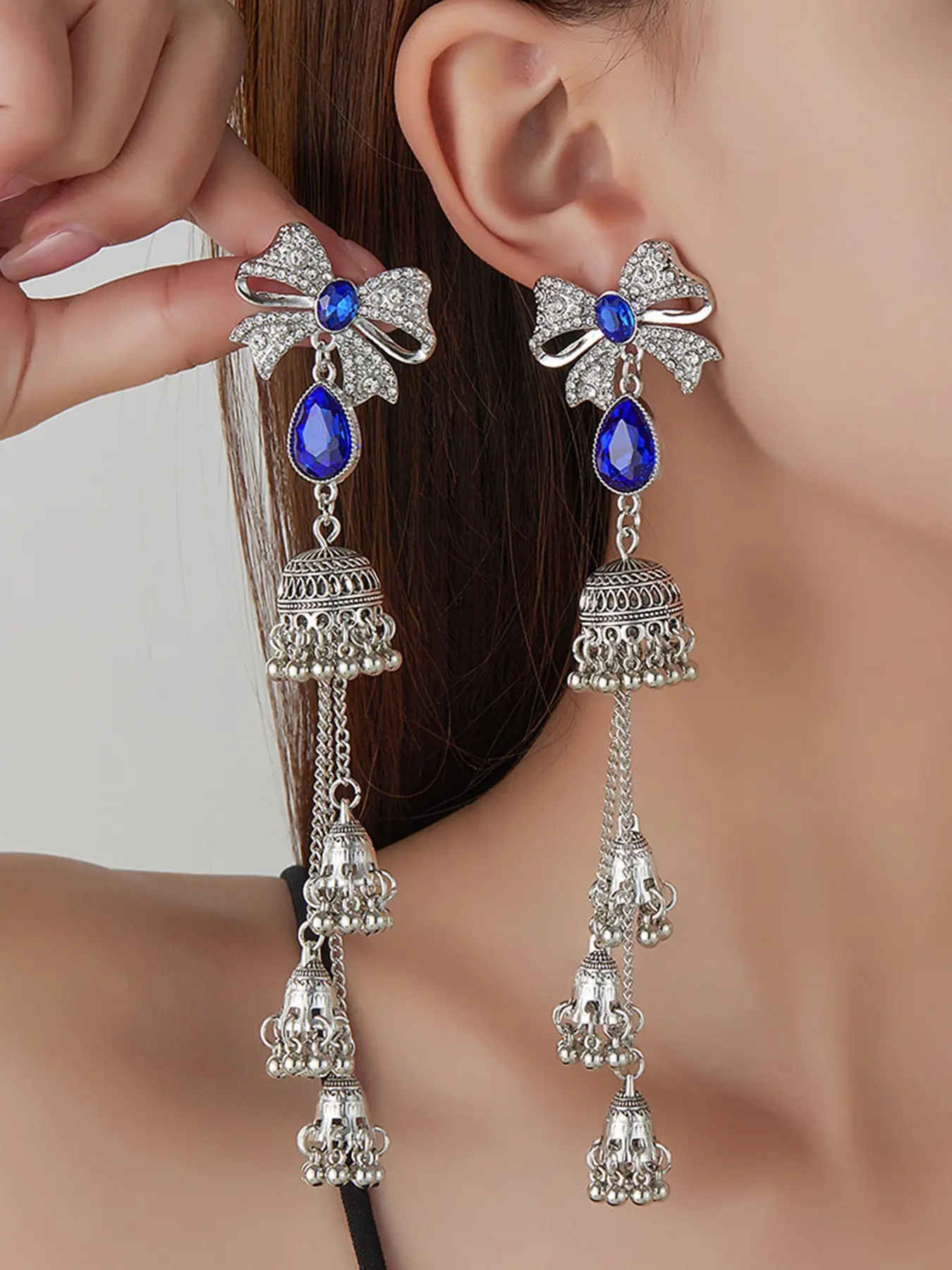 Vintage Silver Royal Blue Rhinestone Bow Earrings for Women, Long Tassel Jhumka Bell Waterdrop Drop Earrings, Indian Bollywood Ethnic Gypsy Festival Jewelry, Sparkling Ear Jewelry