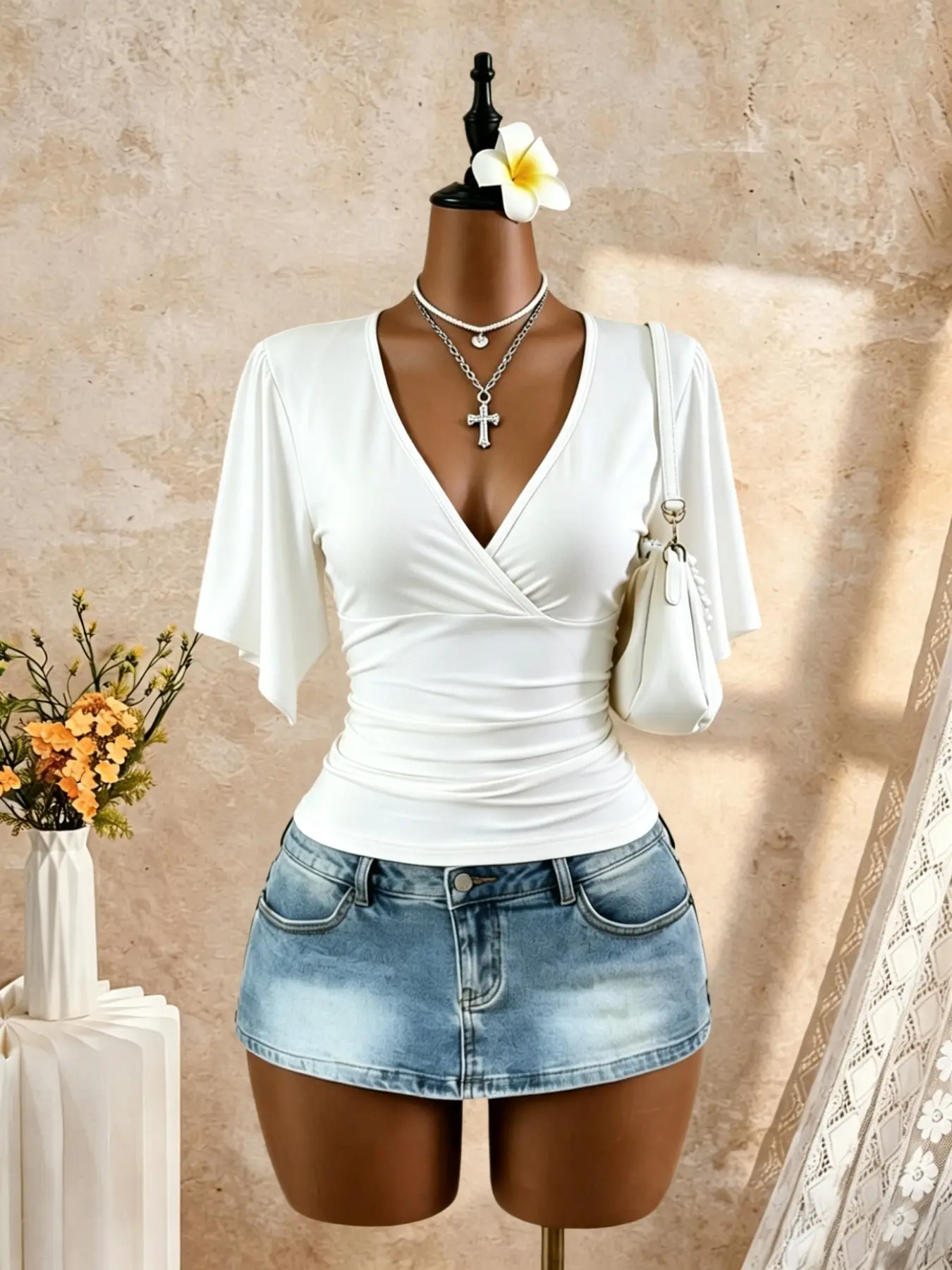 Women's Deep V Neck Short Top, Flared Sleeve Ruched Waist Slim Fit T-Shirt, Fashion Casual Basic Tee for All Seasons