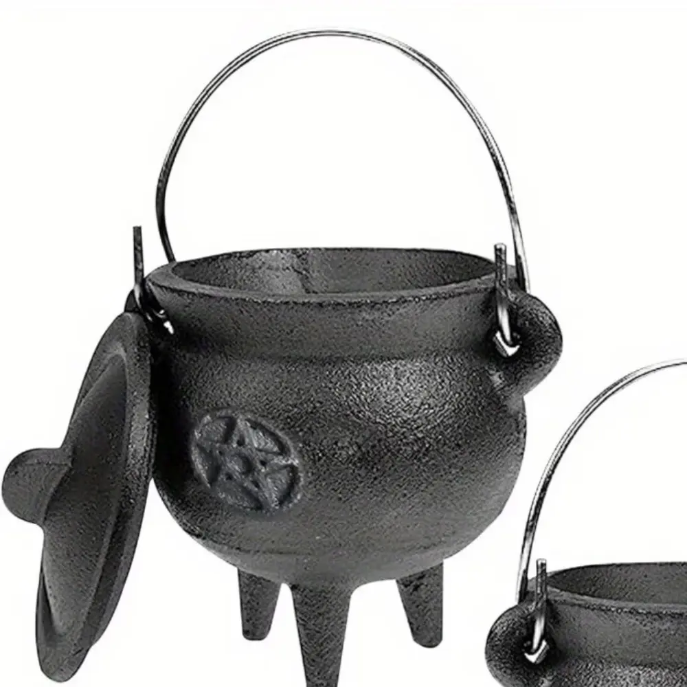 Cast Iron Cauldron with Lid and Carry Handle, Perfect for Spells, Halloween Decoration, Incense Burning, Durable Witchcraft Tool