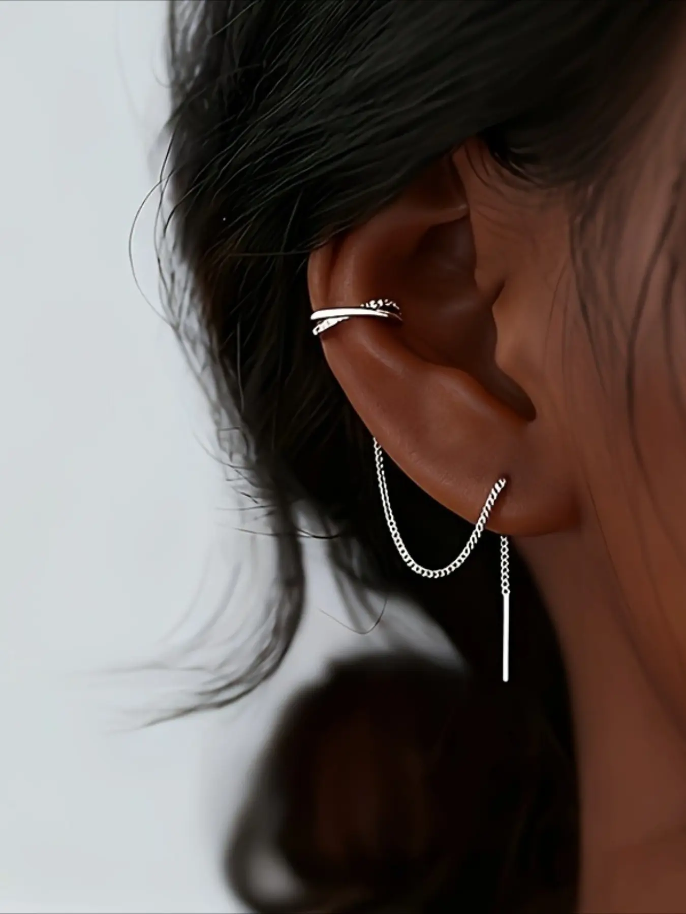 2Pcs Minimalist Premium Silver Tassel Threader Cross Earrings Inlaid Cubic Zirconia Stackable Daily Women Jewelry Gift for Best Friends.