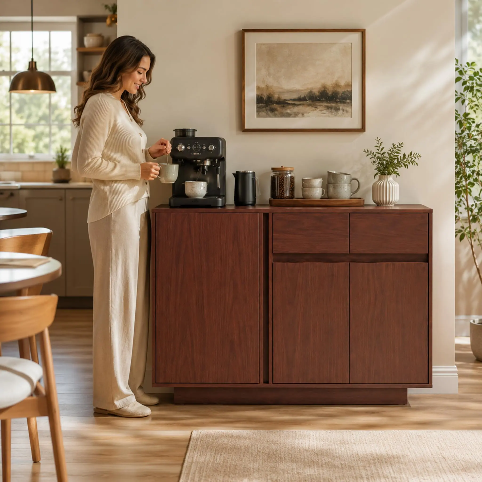 Modern Sideboard Buffet Cabinet, Wood Storage Credenza Console - 3 Doors - Adjustable Shelves - Open Shelves