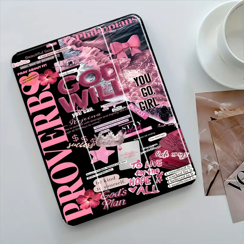 Black & Pink Y2K Scripture Collage Pattern Protective Case - Featuring Adjustable Stand, Pen Slot, and Foldable, Non-Slip TPU Design. Compatible with iPad mini, iPad Air, iPad Pro, iPad 10th Gen, 11th Gen, and other iPad series.