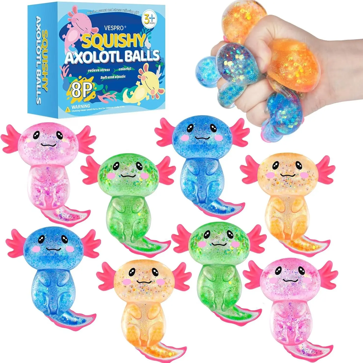 8-Pack Slow-Return Stress Balls, Cute Hexagon Fish Shape, Stretchy Glitter Squeeze Toys, Gel Compression Ball for Kids & Adults, Fidget Stress Squishy