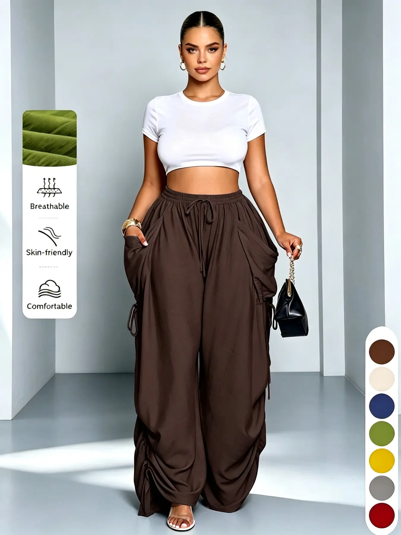 High-Waisted Drawstring Palazzo Pants for Women, Loose-Fit Spring & Fall Fashion, Comfortable Breathable Casual Home Wear