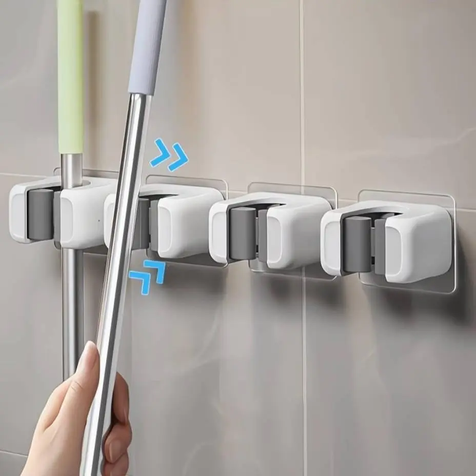 4-Piece Wall-Mounted Mop and Broom Rack, Space-Saving Vertical Storage, No Screws Needed, Modern Cleaning Organizer for Home, Kitchen, Bathroom