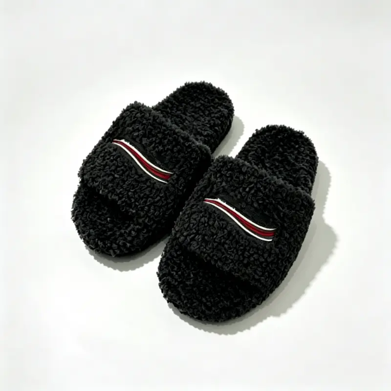 Curly Fuzzy Open Toe Plush Slipper, Strip Decor Comfort Indoor Slide Casual Footwear, Soft Warm Household Slippers for Daily Relaxation
