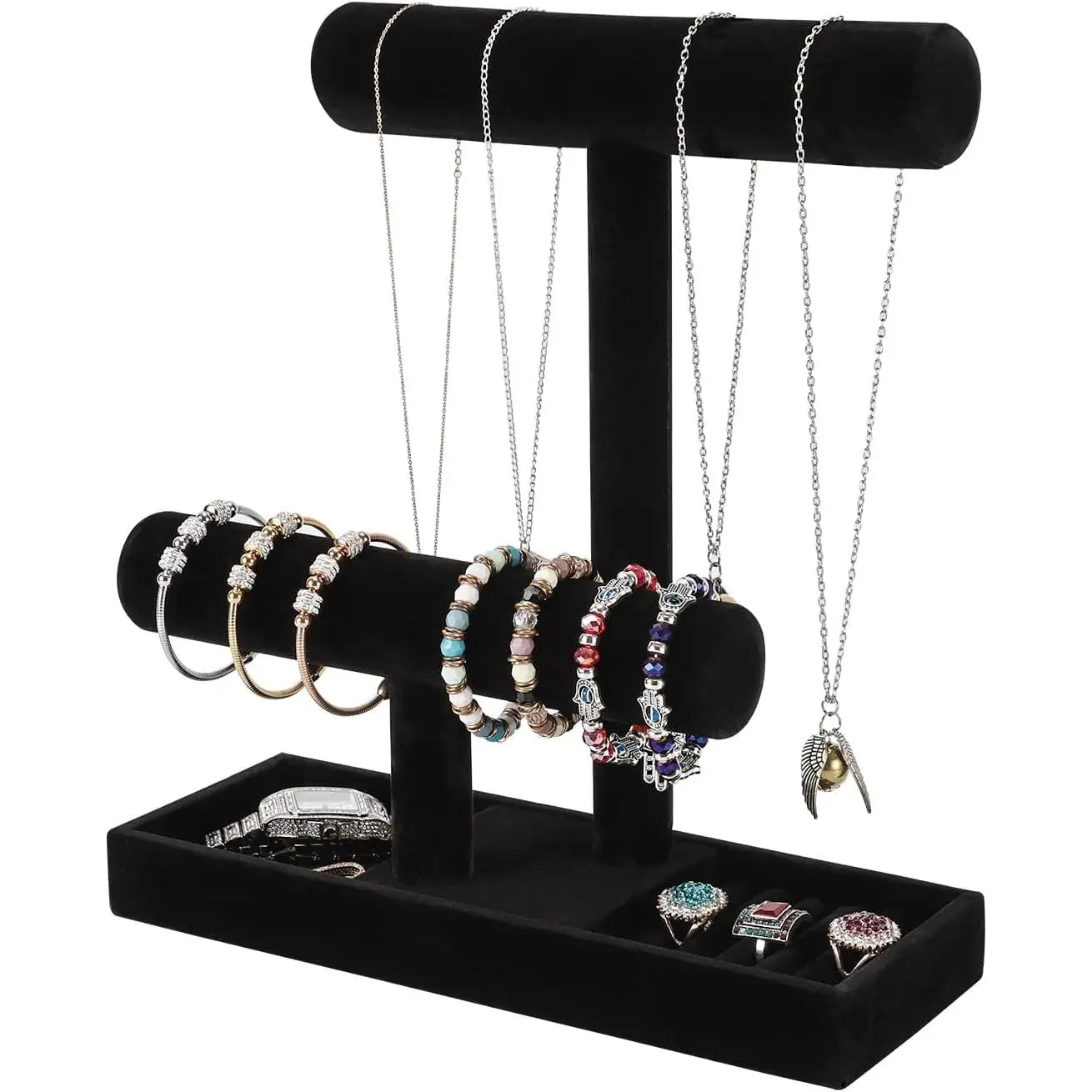 Necklace Holder,Bracelet Holder, Organizer Stand with Earrings Rings Tray, Holder for Scrunchie Watches (Black )