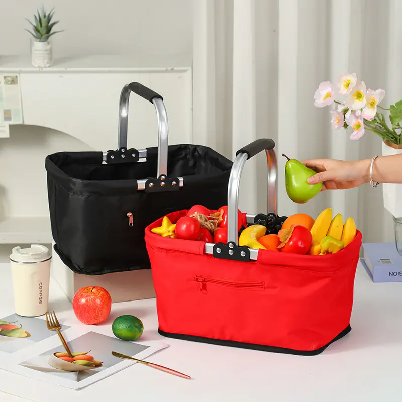 Foldable Aluminum Frame Basket with Large Zippered Side Pocket, Foldable Oxford Cloth Shopping Basket, Insulated Basket, Portable Picnic Basket, Hand Basket, Fast Food Basket, Supermarket Shopping Basket Non-Food Direct Contact