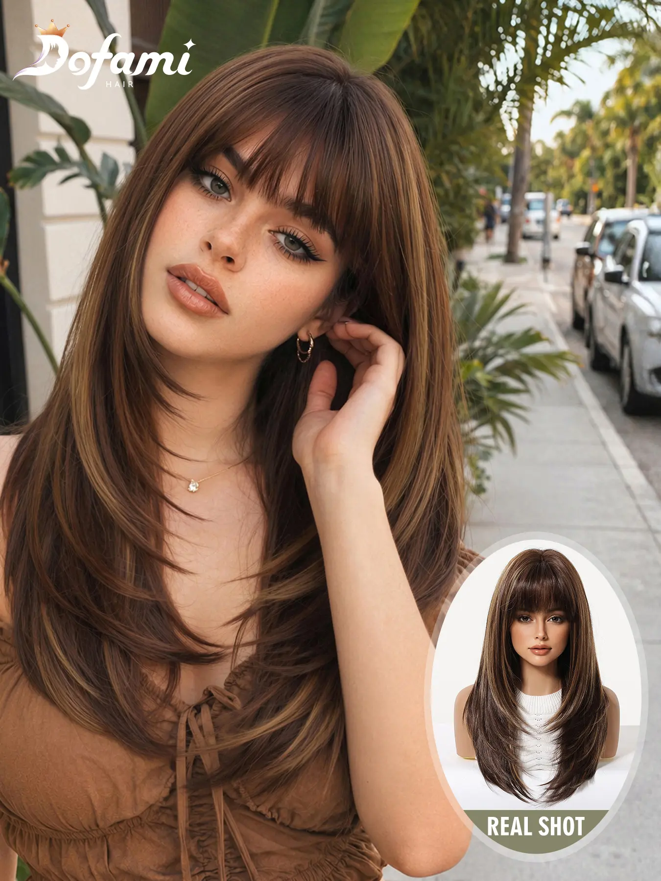 Chocolate Layered Long Hair Wig for Women, Lightweight Bangs Cover Forehead, Natural Hairline Shape, Retro Sweet Style Daily Look, Wig with Bangs, Synthetic Layered Wigs