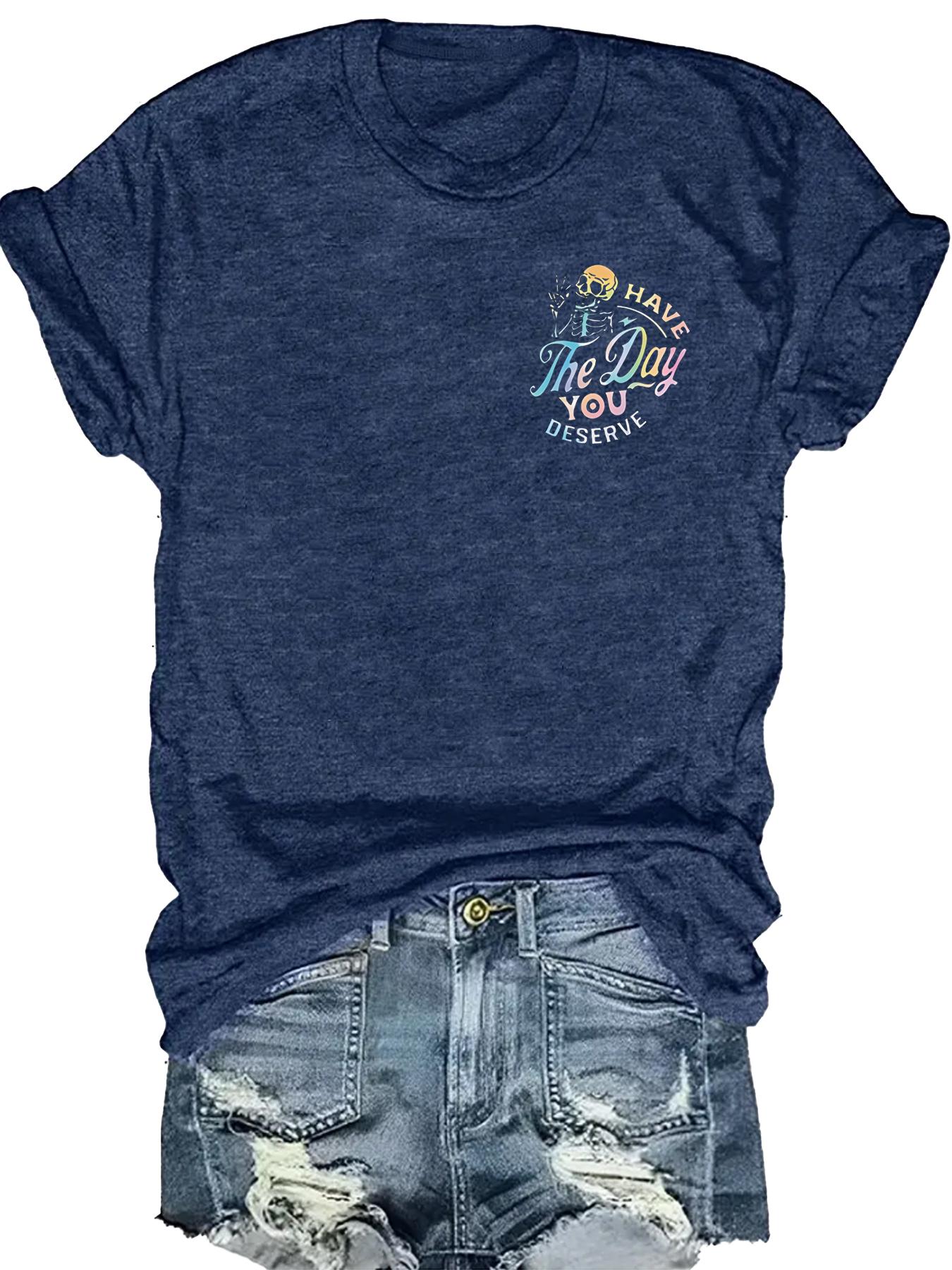 Women's Casual Fitted Graphic Letter Print Round Neck Short Sleeve T-Shirt, Spring Summer Streetwear Fashion Tee, Fun Skull Pattern, Inspirational Gradient Design