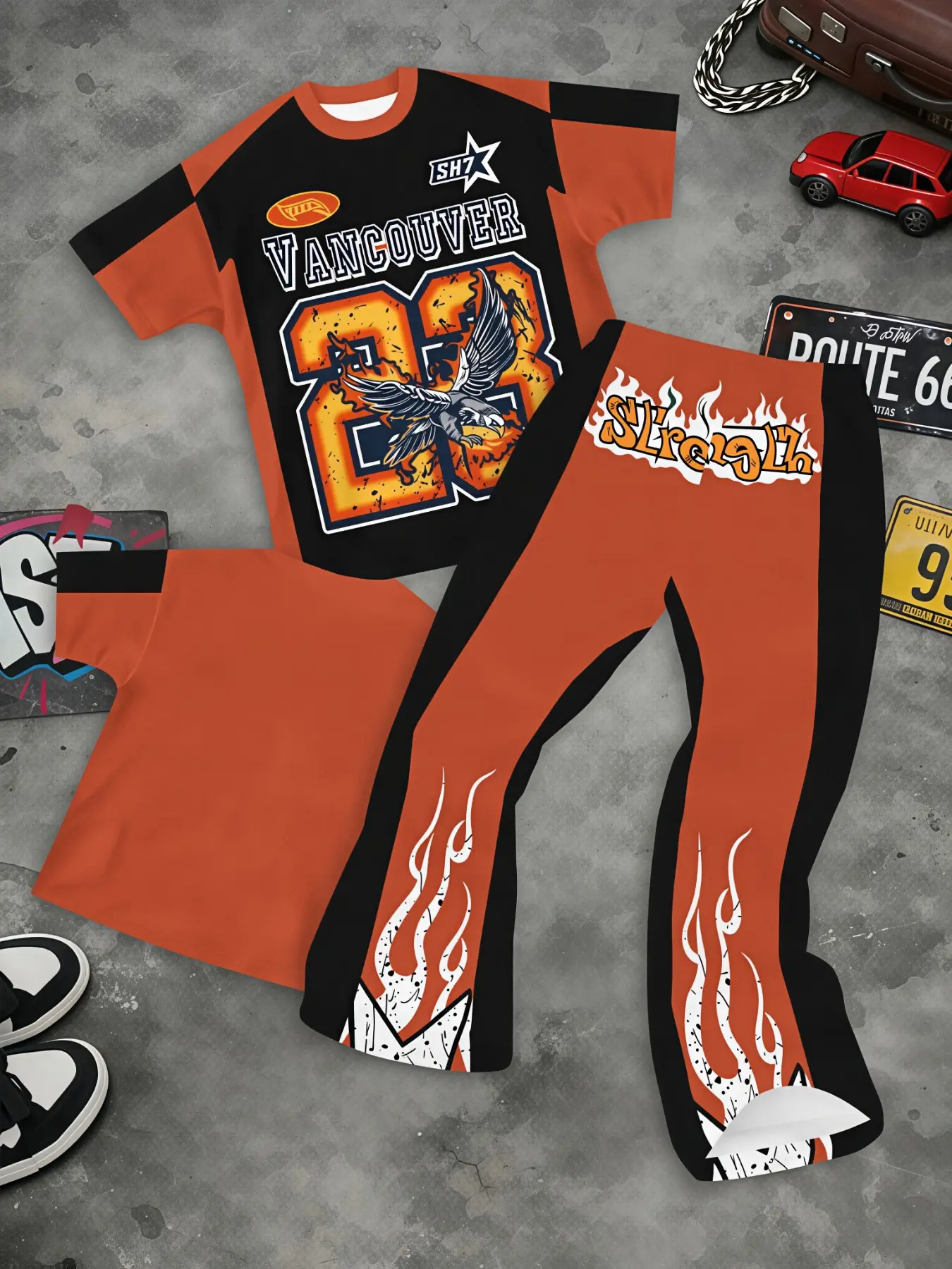 Vintage Racing Flame Print Matching Outfit For Young Adult Male, Breathable Loose Short Sleeve Flare Bell Pants, Comfort Slim Skate Bar Wear, Viral Moto Hip Hop Street Fashion Look
