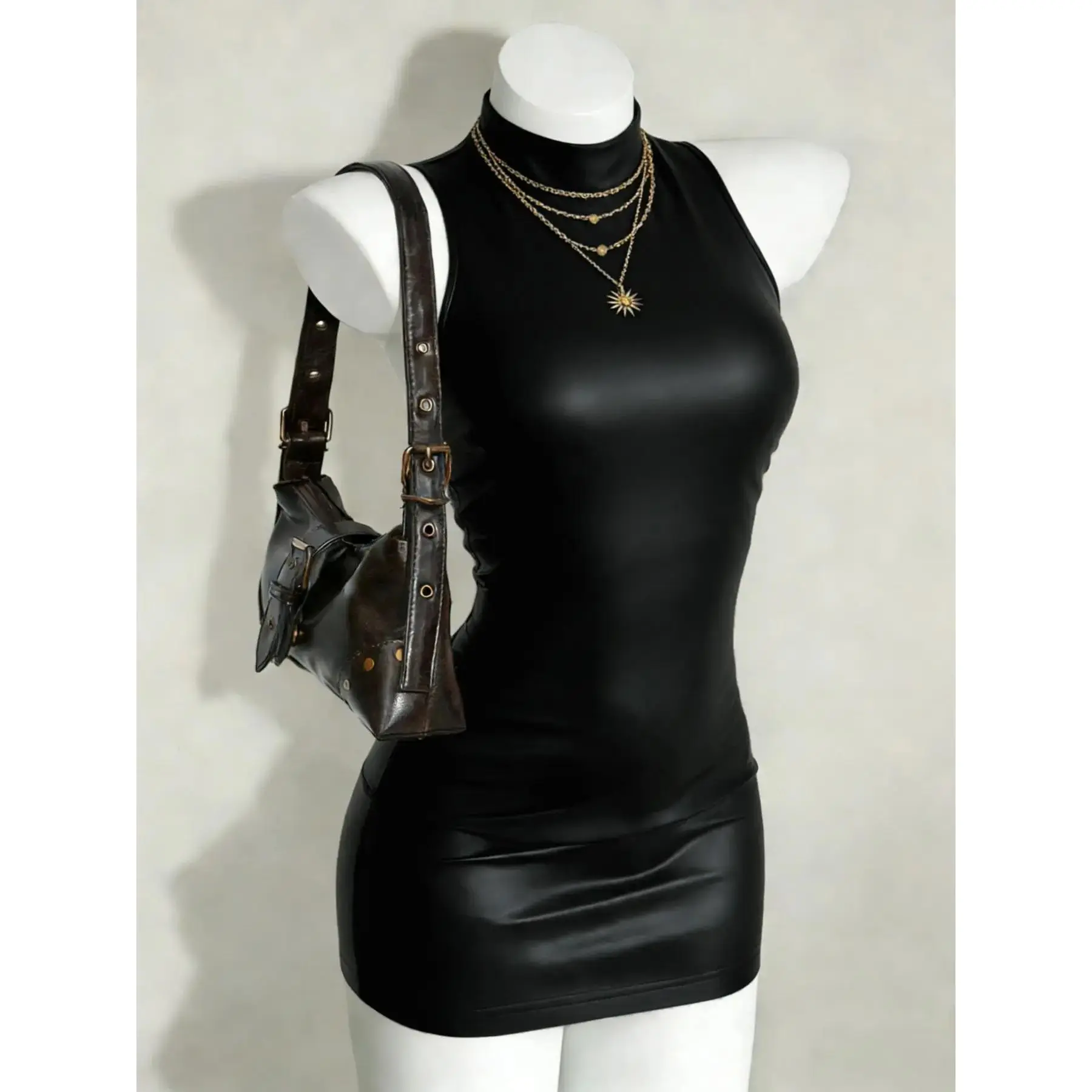 Women's Modern Chic Hug-Fitting Leather Bodycon Dress - Sleeveless, High Neck, Short Hem, Durable, Glamorous for Formal Parties (Bodycon Cut Design)