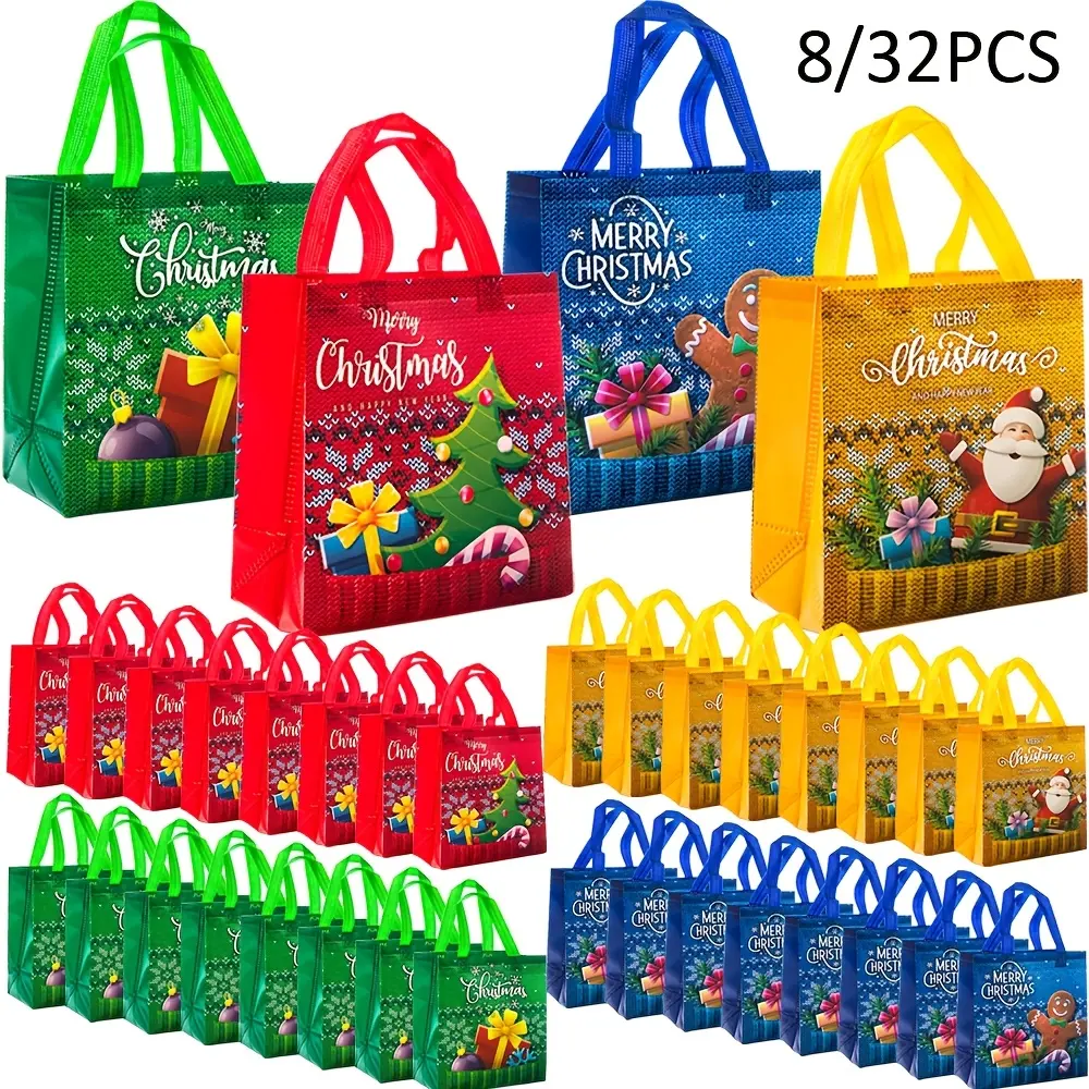 8/32 Pack Christmas Non-woven Gift Tote Bags 4 Styles Santa Xmas Tree Gingerbread Man Print Reusable Holiday Handbags 9x8.46x4.33in For Kids Classroom Gift Exchange Xmas Party Favors Home Wrapping Retail Shopping Goodie Bags