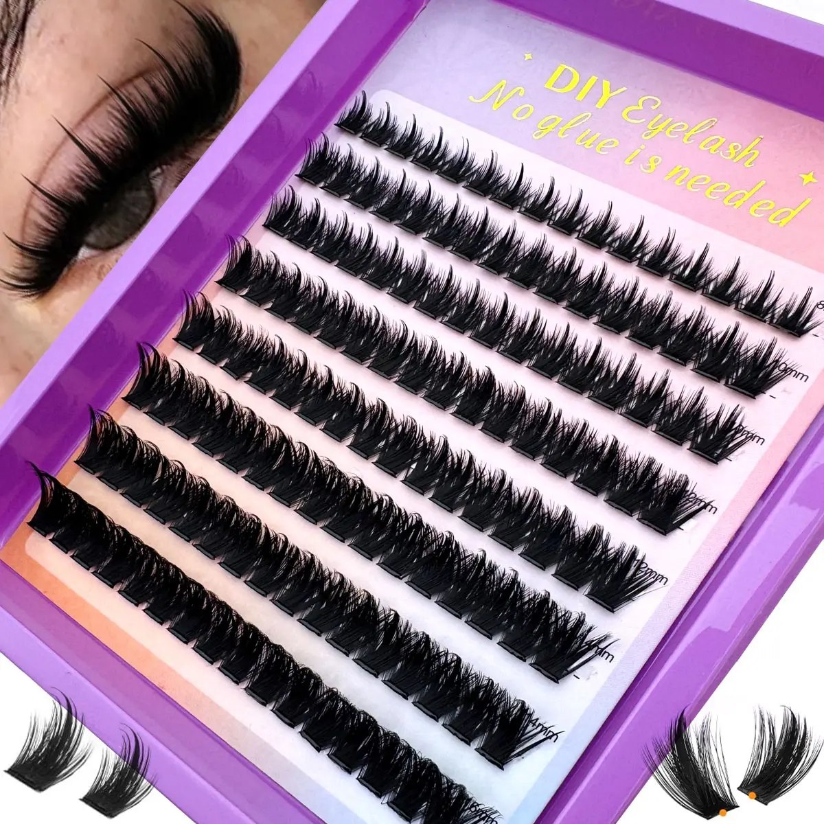 Adhesive free self-adhesive curled eyelash bundle kit 96/112/128 0.07D curled 8-16mm mixed length eyelash extension natural appearance eyelash bundle extension DIY eyelashes soft and lightweight false eyelashes suitable for beginners daily makeup