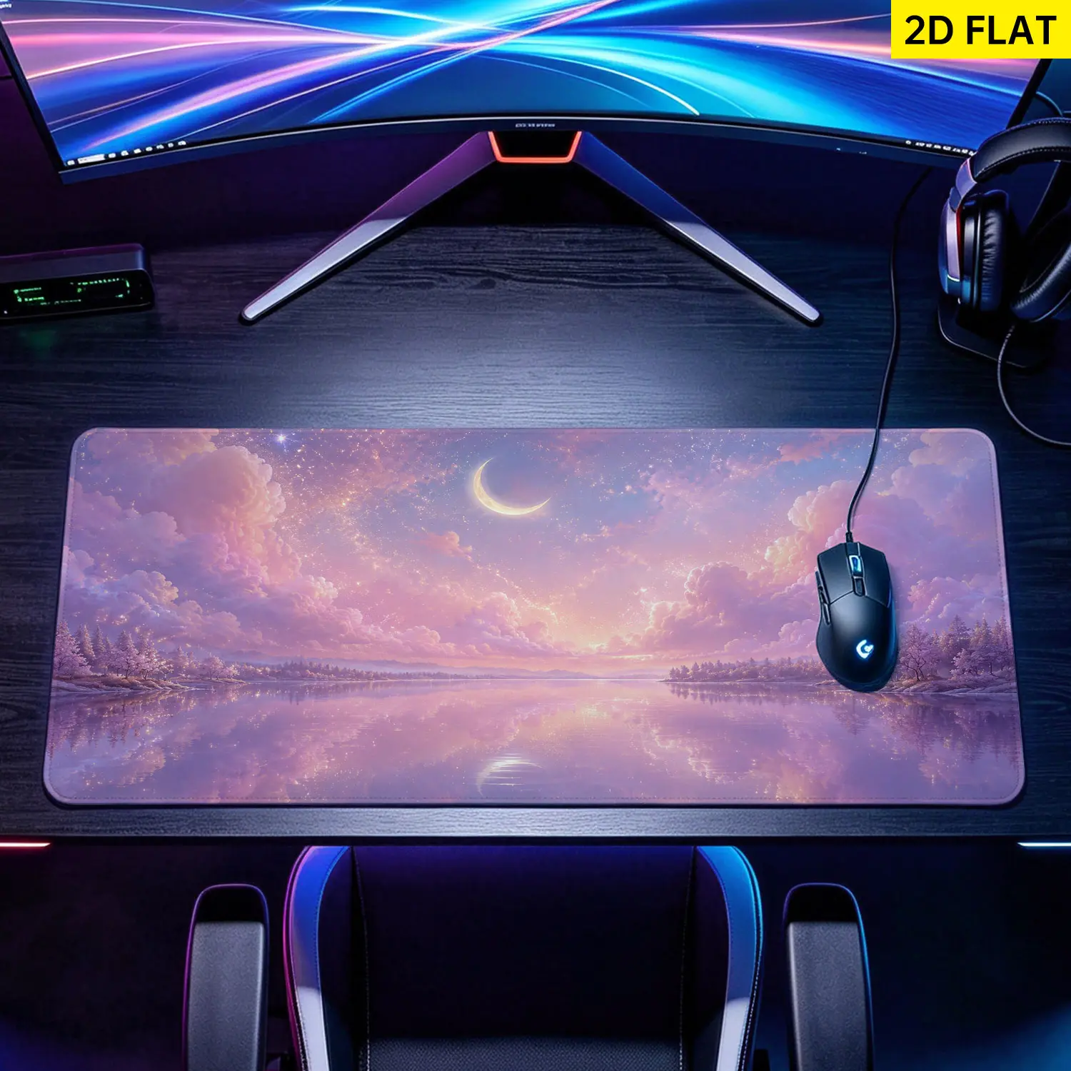 Extra Large dreamy crescent moon and pink clouds landscape Mouse Pad,Non Slip Rubber Pad,Desktop Decoration Drotection Pad,Washable,Lock Edge Multi Size,Premium Multipurpose Mousepad For Home,Office,Gift for Family and Friends