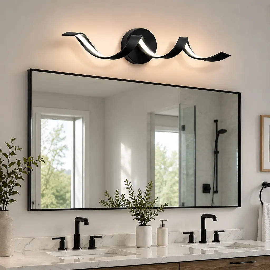 Modern LED Bathroom Vanity Light Fixture, 24-Inch Dimmable Black Metal Wall Sconce, Spiral Design Acrylic Shade, 15W Over Mirror Lighting for Bathroom, Living Room, Hallway, Hardwired Easy Install