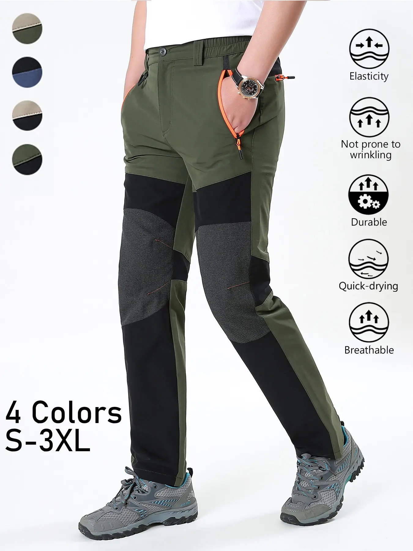 Men's Color Block Quick Dry Hiking Pants, Knee Reinforced Stretch Breathable Outdoor Trekking Trousers, Wrinkle Resistant Durable Straight Climbing Pants with Zipper Pockets for Mountaineering Cycling Fishing Camping, 4 Colors S-3XL