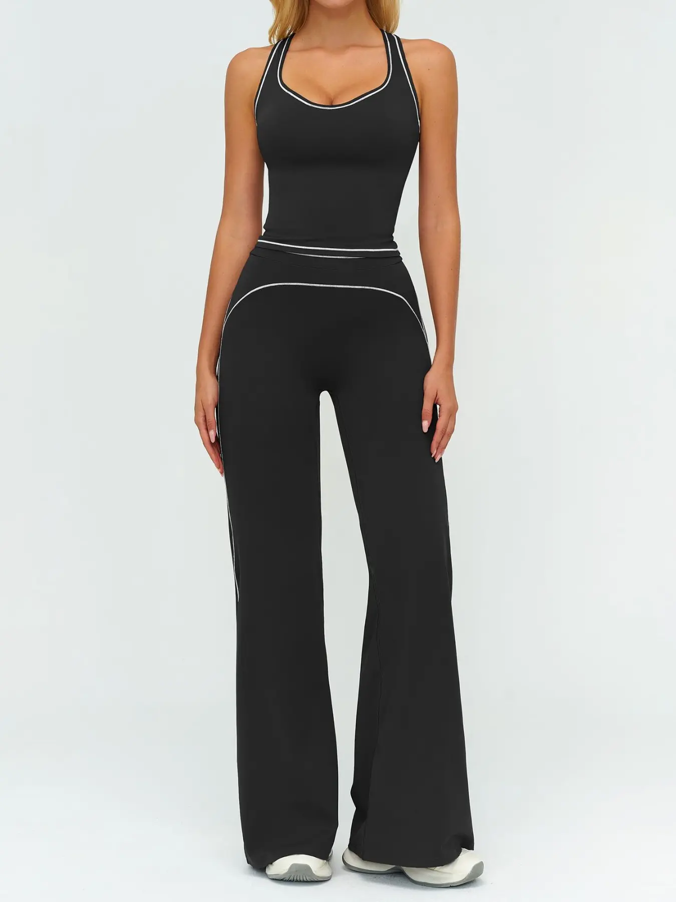 Contrast Stitched Backless Tank Top with Wide Leg Micro Flare Yoga Pants Set, Two-Piece Activewear Set for Women