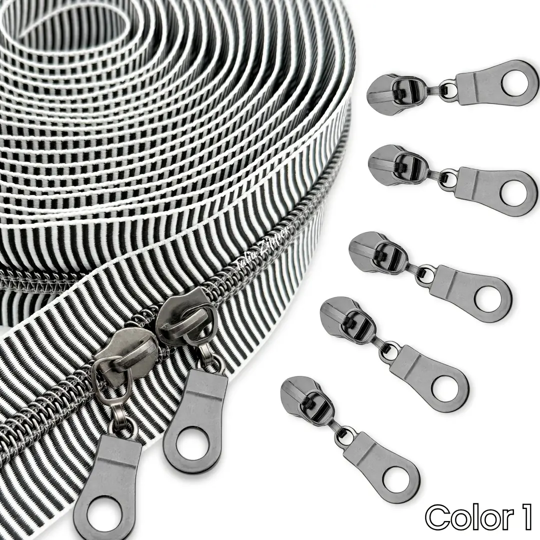 #5 5 yards 180-inch Strong nylon zipper with 5 circular sliders, elegant zebra-pattern zipper cord, and multi-color zipper pulls