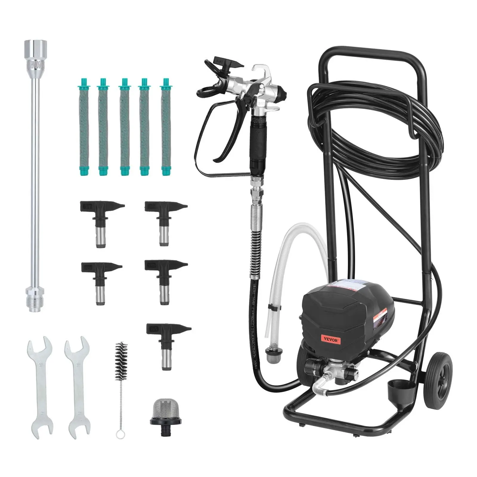 【toolupgrade】VEVOR 650W Power Wheeled Cart Airless Paint Sprayer, 3000PSI High-Pressure Electric Spray Paint Machine with Hose, Extension Rod, Nozzles, Cleaning Brush for House Interior, Exterior