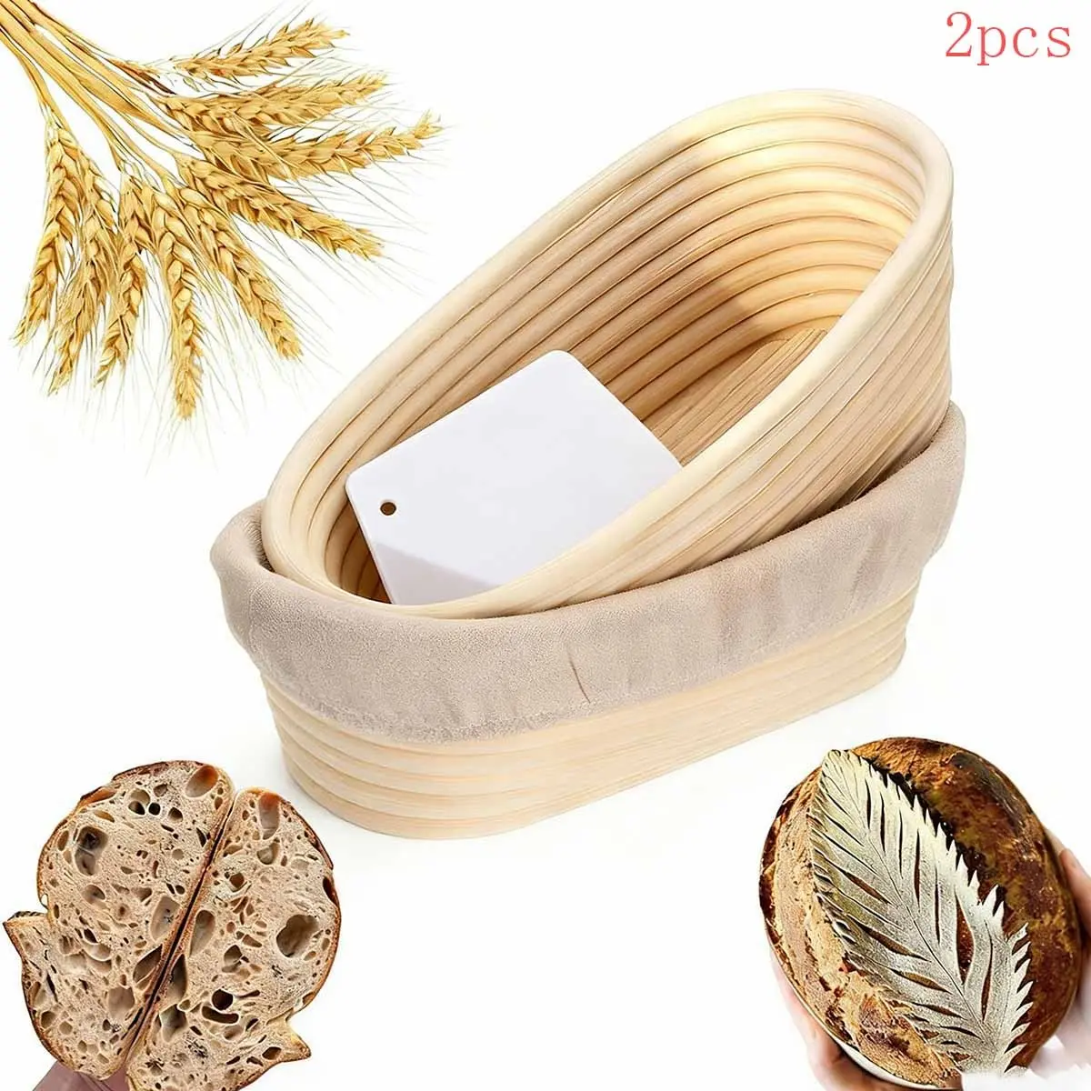 2 Sets Bread Fermentation Baskets Set, 10 Inch Oval Dough Bowl, for Dough Fermentation, Proofing, and Baking, Includes Dough Scraper Pad, Baking Tools, Baking Supplies, Home Baking Supplies