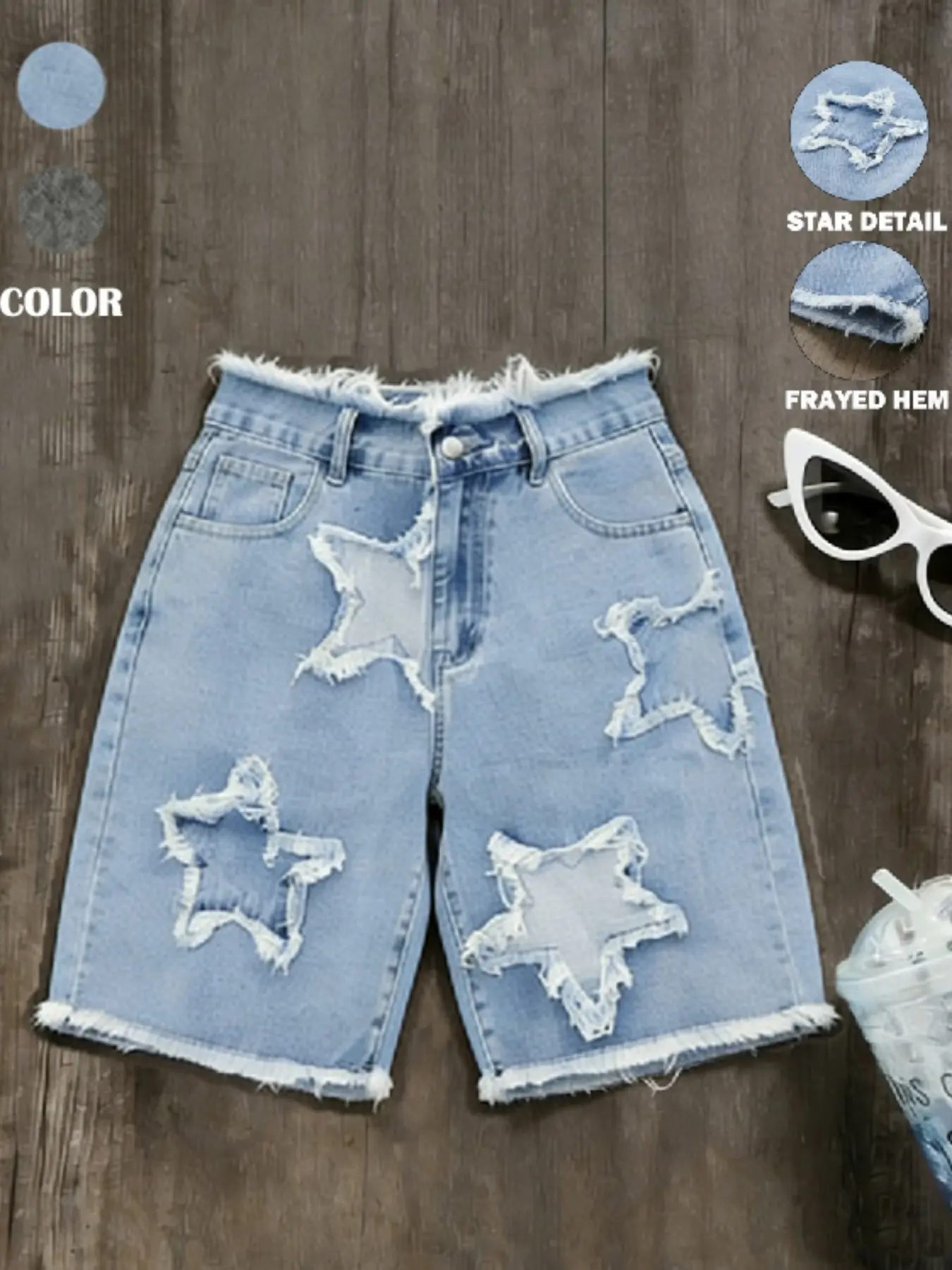 Women's Y2K Vibe Statement Summer Ripped-Edge Casual Denim Shorts with Star Pattern and Button, Loose-Fit Knee-Length Mid-Waist Design Bottoms for Parties