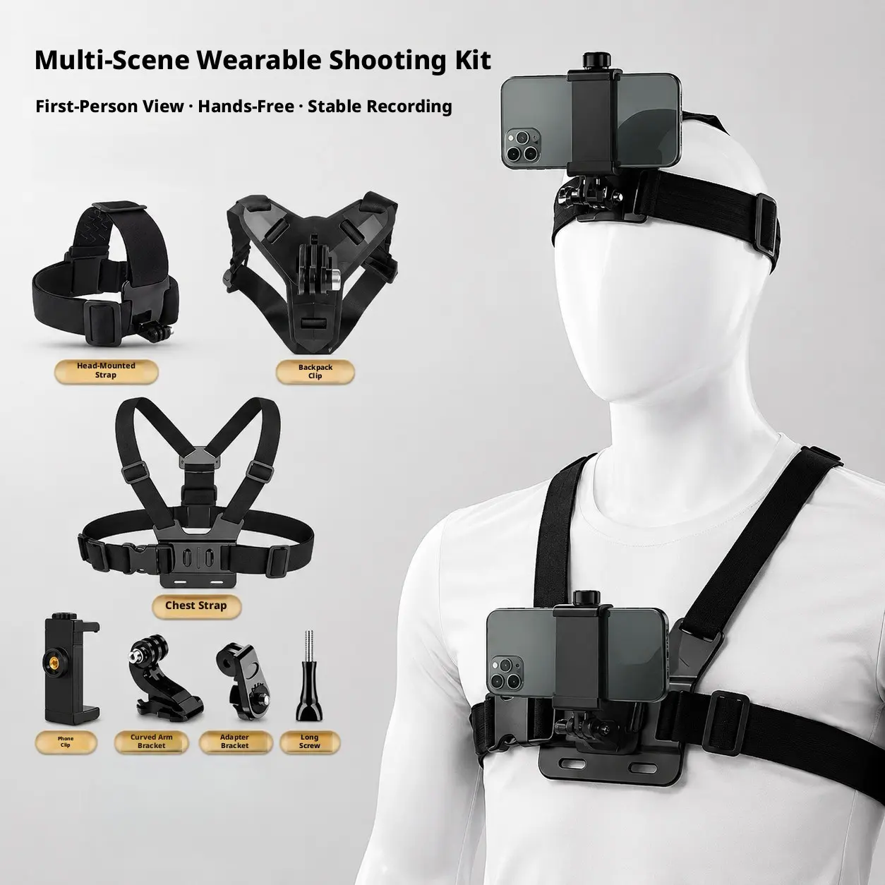 Sport Camera Chest Strap and Head Mount Holder, Phone Clip, Video Recording Accessories, Vlog Accessories, Compatible with for Dji and for Gopro, Ideal for Cycling, Flying, Fishing, and Daily Use