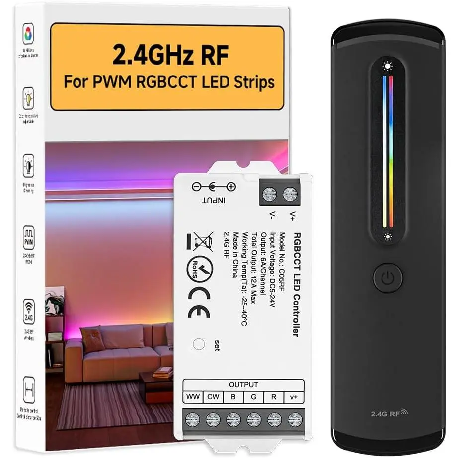 RC09RFB & C05RF 2.4GHz  Tuya RGBCCT LED Controller Kit |  Wall-Mountable RF Remote with  Slide Dimming & RGB Control, for SMD COB 6PIN NO IC RGBCCT LED, DC5V/12V/24V