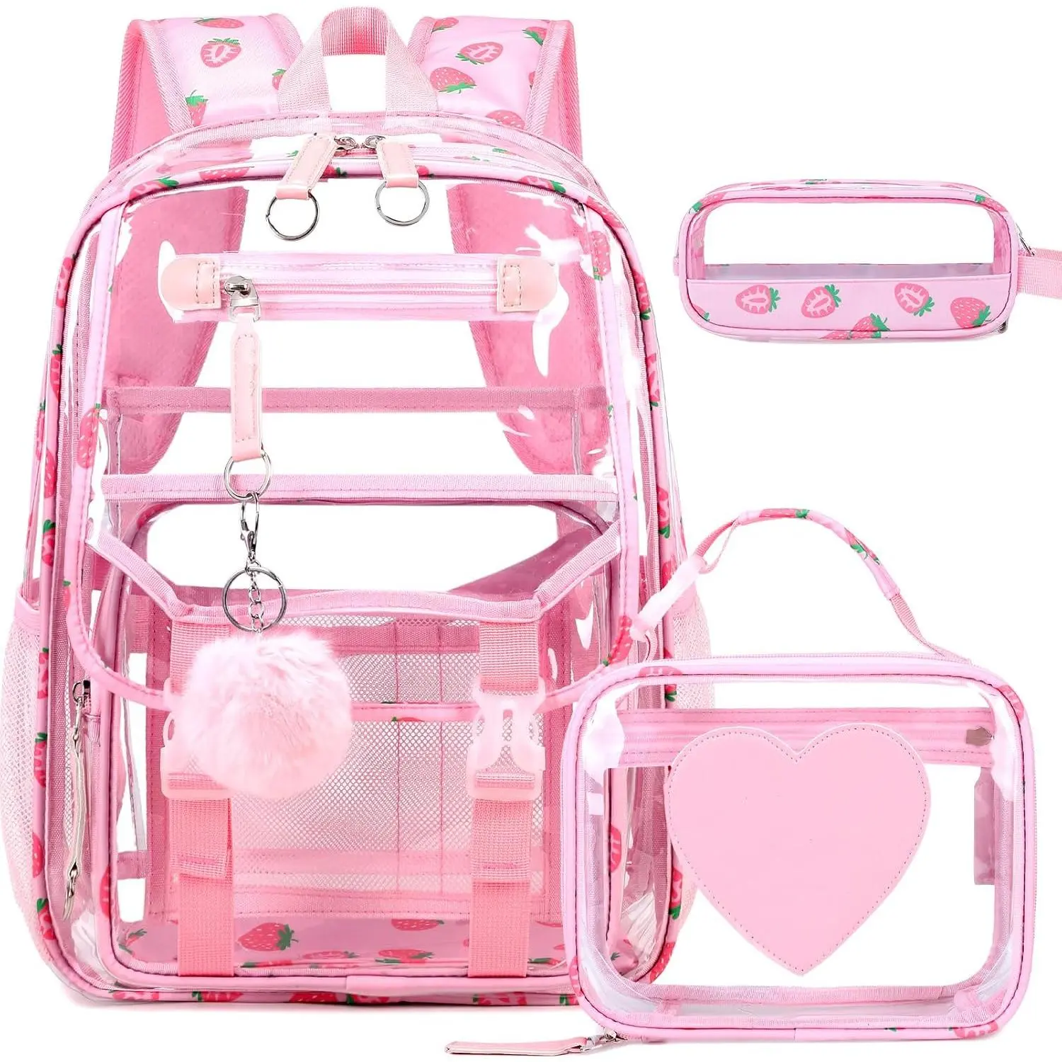 Girls Clear Backpack with Lunch Bag, Rainbow Cute Clear Bookbag Heavy Duty Stadium Approved Transparent See Through Backpack for  Teens Elementary Middle High School Strawberry