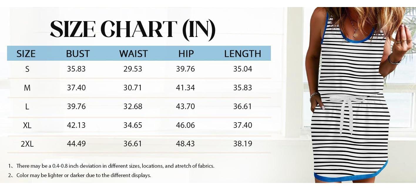 Imily Bela Womens Summer Sleeveless Striped Dress Drawstring Waist Casual Tank Mini Dresses with Pockets