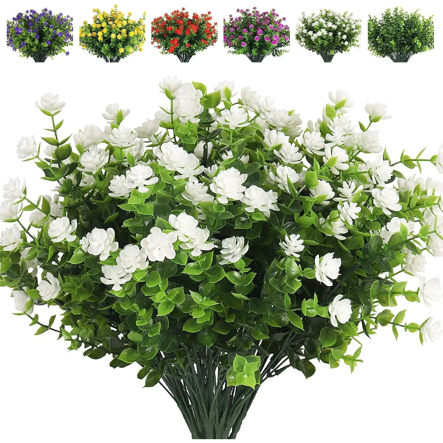 Artificial Flowers, Fake Boxwood Outdoor UV Resistant Plants Artificial Springs Flowers Eucalyptus Greenery Shrubs Bridal Wedding Bouquet for Home Garden Party Wedding Decoration,8Pcs(White)