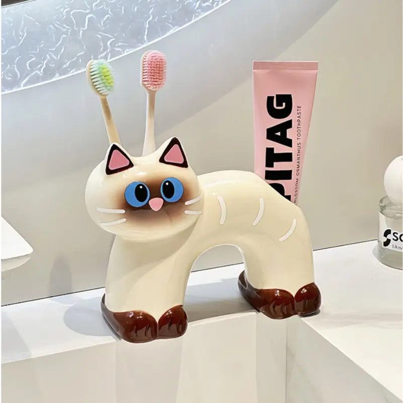 Cute Arch Siamese Cat Ceramic Toothbrush Holder, Draining Multi-Purpose Toothpaste & Toothbrush Storage Caddy, Adorable Cartoon Tabletop Decor For Bathroom Vanity Counter, Countertop Toothbrush Holders With Drainage