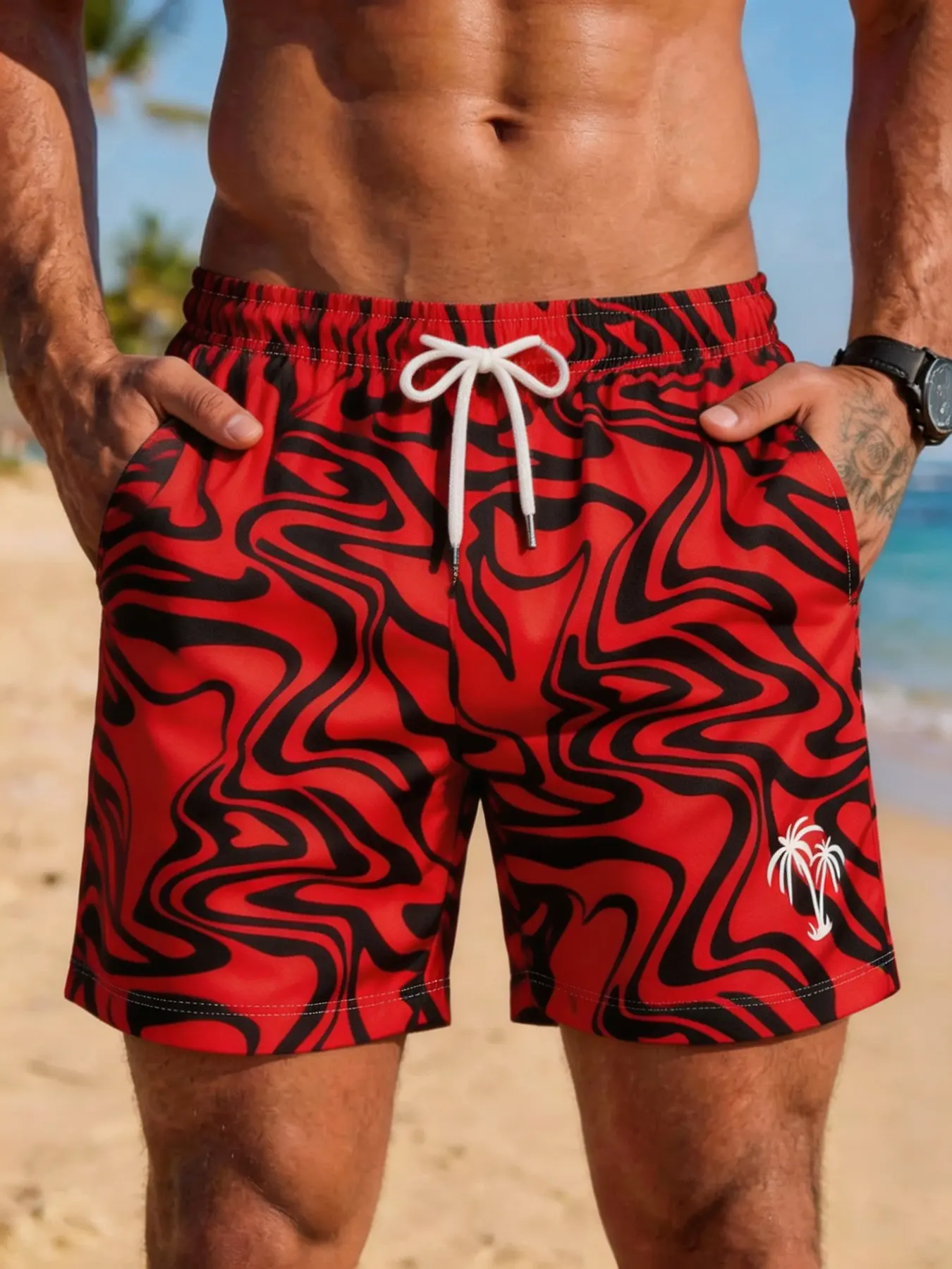 Men's Trendy Swim Trunks, Casual Shorts, Retro Red Black Swirl Wave Pattern Board Shorts with Palm Tree Graphic, Street Style Men's Loose Beach Shorts, Fashionable Streetwear, Vacation Aesthetic, Pool Party Casual Wear Bottoms for Summer Outfits
