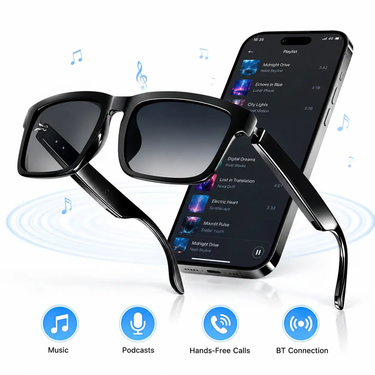 Bluetooth Smart Glasses, Open-Ear Audio Sunglasses with Built in Speakers and Microphone, Music, Calls, Voice Assistant and Touch Control
