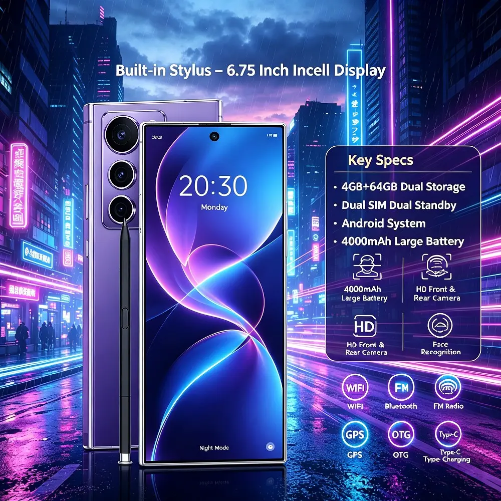 Stylus Smartphone, 6.75 Inch Incell HD Screen, 4+64GB Dual Sim Android Phone, 4000mah Battery, Face Recognition, OTG Type-C Charging