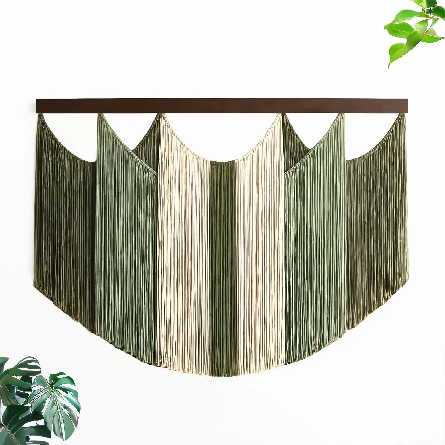 Green & Beige Cotton Rectangular Tie-Dye Macrame Wall Hanging - Homemade Dip-Dye Yarn Tapestry, Boho Home Decor, Headboard Decor, Birthday & Xmas Gift for Bedroom Living Room
