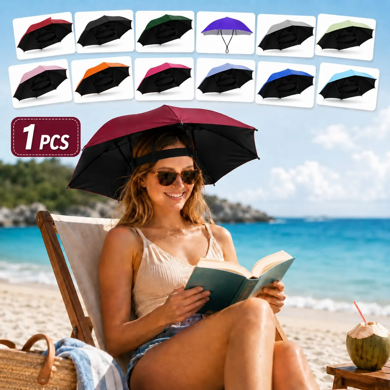 Wearable Umbrella Hat, Hands-Free Head Umbrella with Adjustable Headband, 75cm Portable Sun Shade Hat for Outdoor Activities, Lightweight Umbrella