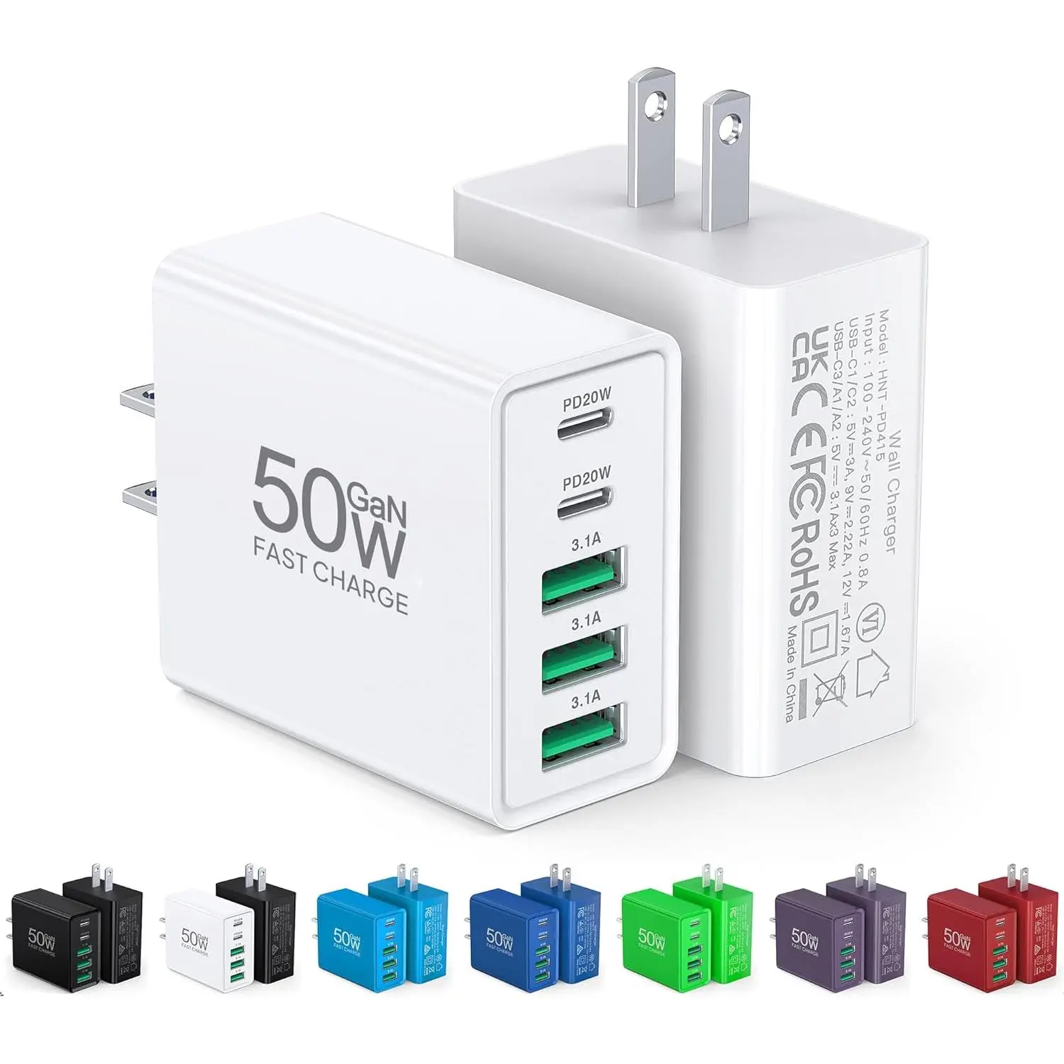 [2-Pack] USB C Wall Charger,50W 5-Port PD  USB C  Block,2USB C+3USB A Multiport Plug,Type C Power Adapter Brick Cube for  17/16/15/14/13/12/Pro Max/XS,iPad,for ,,Ultra 2