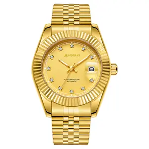 Ora Jewel Gold Automatic Men Watch, Diamond Index Dial, Fluted Bezel, Stainless Steel Bracelet, 30M Water Resistant Date Dress Wristwatch