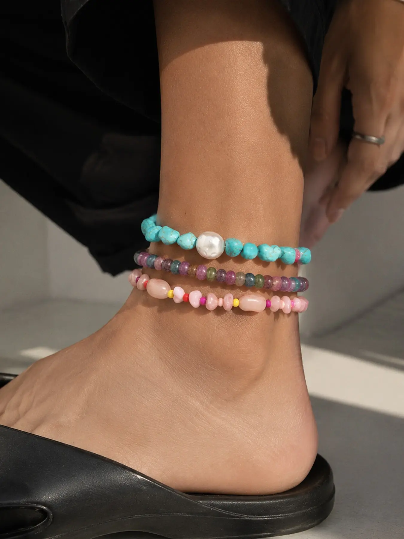 Bohemian Three-Layer Stackable Anklet Set, Featuring Blue Turquoise, Pearls, Rose Quartz, Irregular Gravel, and Multicolored Seed Beads, Elastic Ankle Bracelets, Versatile Unique Beaded Foot Jewelry for Women for Summer Beach Vacations