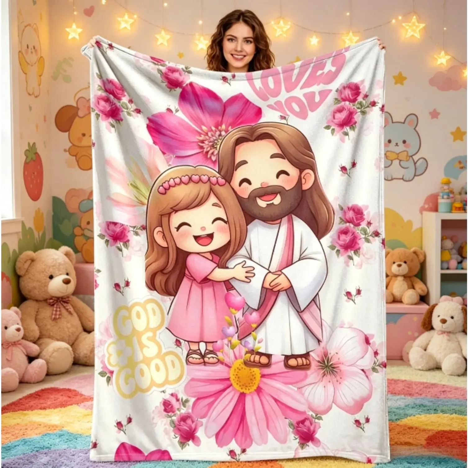 Cartoon Faith and Love Flannel Blanket floral pink heart print with cute hugging girl design ultra soft lightweight cozy throw perfect for bedroom decor church gifts sofa nap prayer moments spiritual gatherings and holiday blessings Kids & Adults Blanket