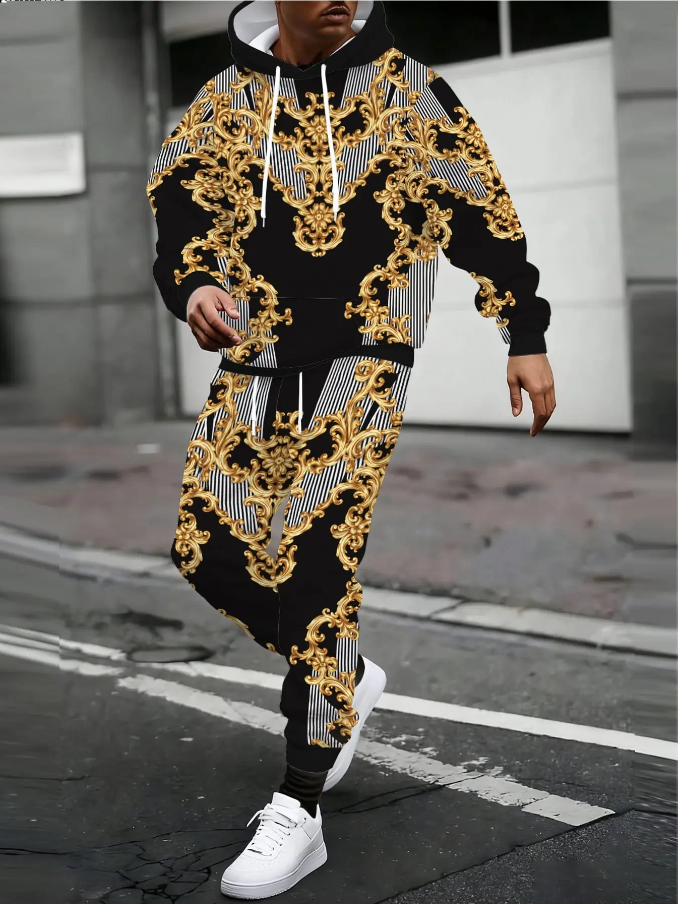 Men's 3D Printed Gold Baroque Vine Striped Hoodie and Pants Set, European Luxury Embossed Pattern, Casual Fall Winter
