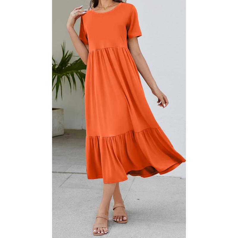 Summer Dresses for Women Flowy Maxi Sundress Short Sleeve Tiered Beach Dress with Pockets 2026 Vacation Travel new arrival fashion vacation beach outfit loose fit overall