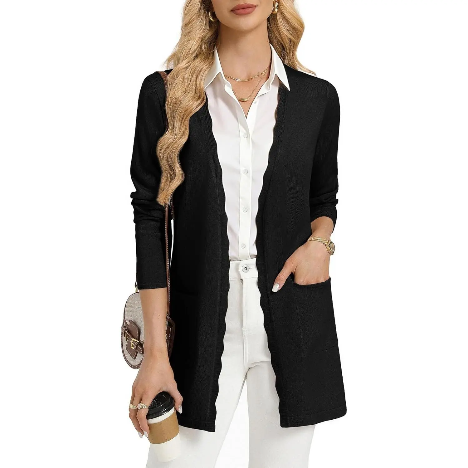 Womens Long Cardigans Trendy, Lightweight Knit Blazer, Casual Open Front Spring Sweaters with Pockets